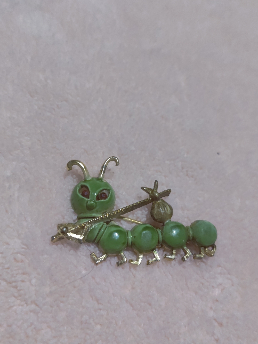 Green Enamel Caterpillar Brooch with Gold-Tone Accents